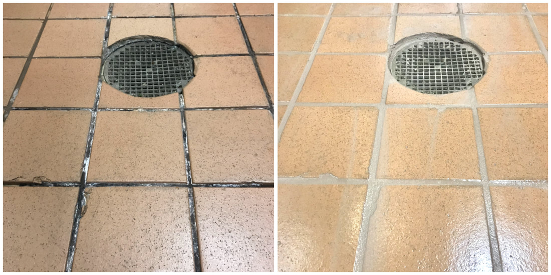 grout before and after of kitchen floor near a round floor drain