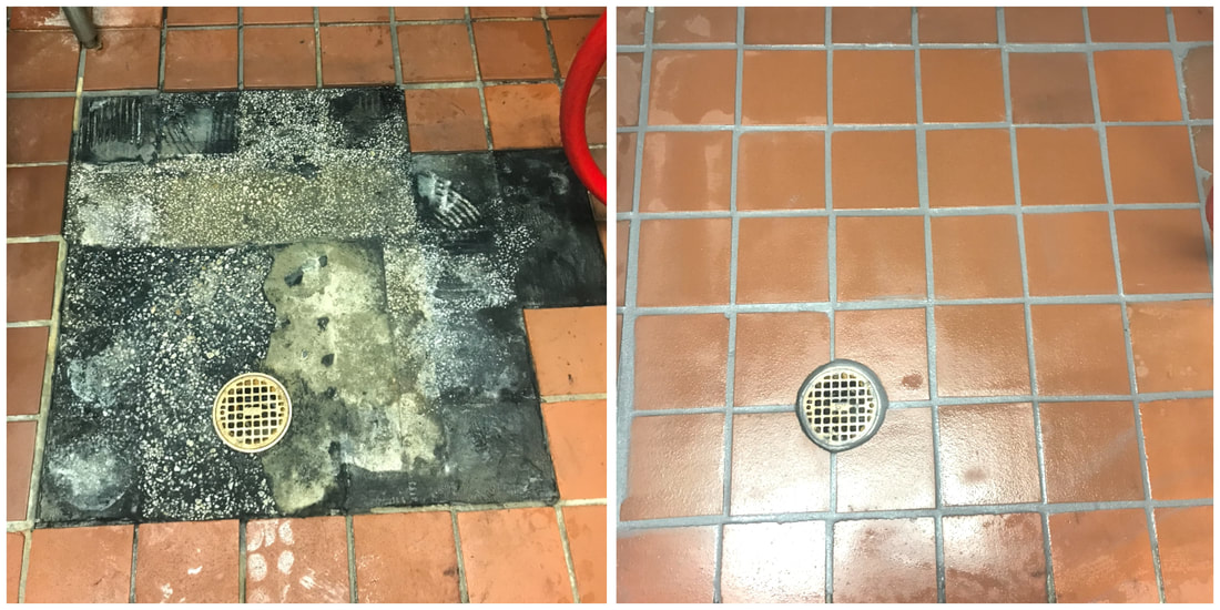tile repair before and after inside the dish pit of a restaurant