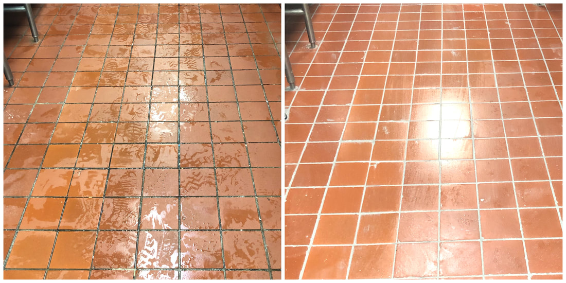 grout before and after of the floors outside of the dish pit