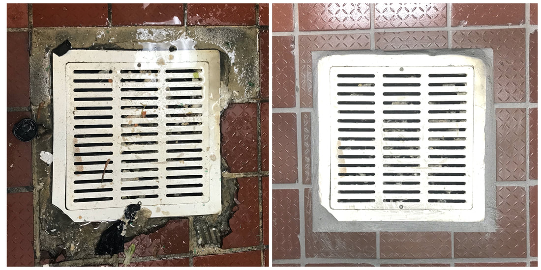tile repair before and after around a square floor drain in a restaurant kitchen