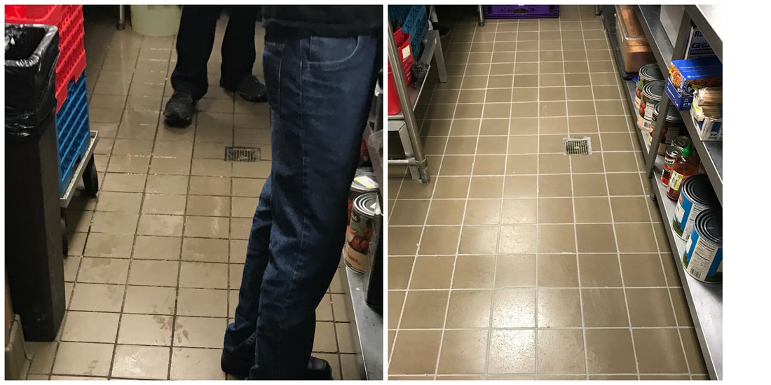 grout before and after of a small restaurant kitchen floor