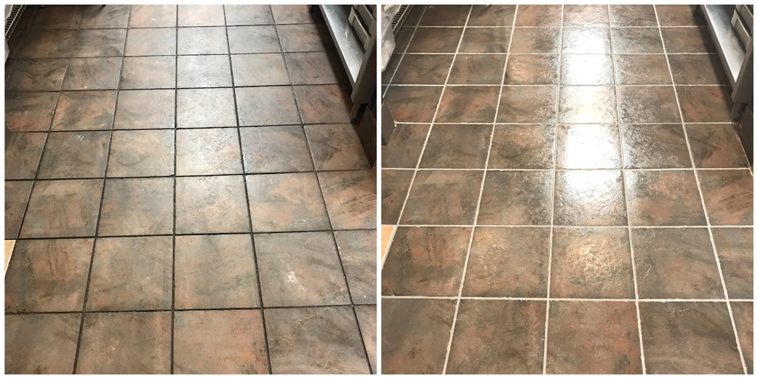grout before and after of a restaurant dining room floor