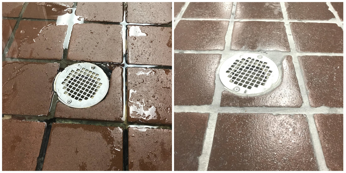 grout before and after showcasing how the floors are now dry because it was regrouted